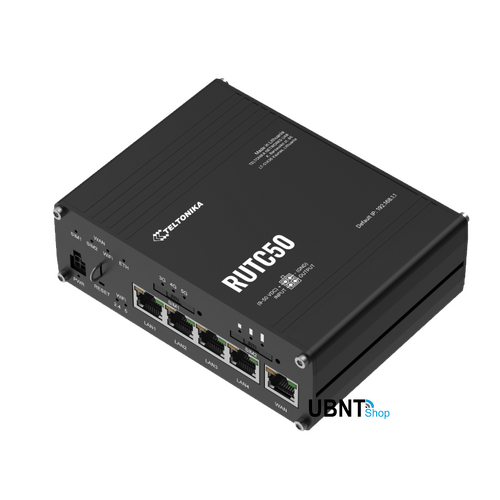 RUTC50 is a robust industrial 5G router equipped with 5x Gigabit Ethernet ports, WiFi-6, Dual-SIM, GPS, a powerful CPU and RutOS software for advanced